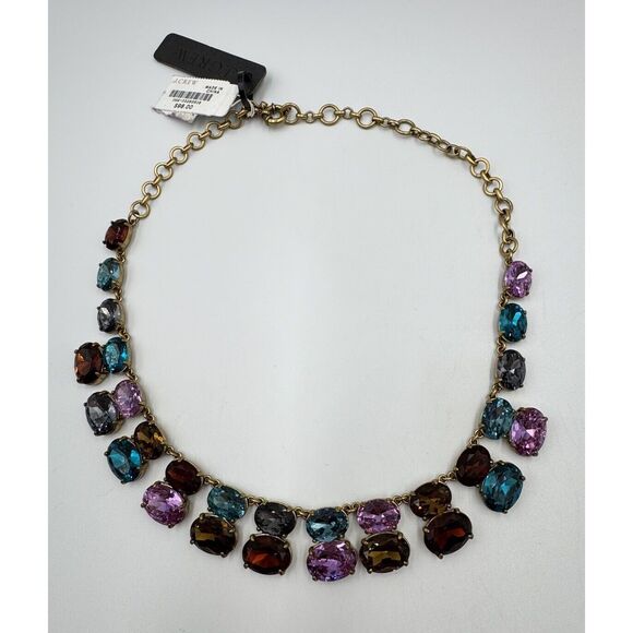J.Crew Gold Tone Blue Purple Red Oval Rhinestone Statement Necklace New With Tag - Picture 5 of 9